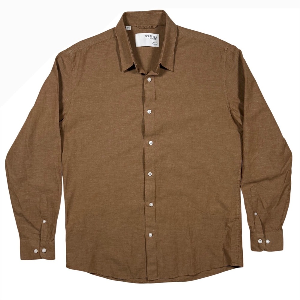 Selected Homme Men's Linen Blend Long Sleeve Shirt Toffee Brown Size Medium